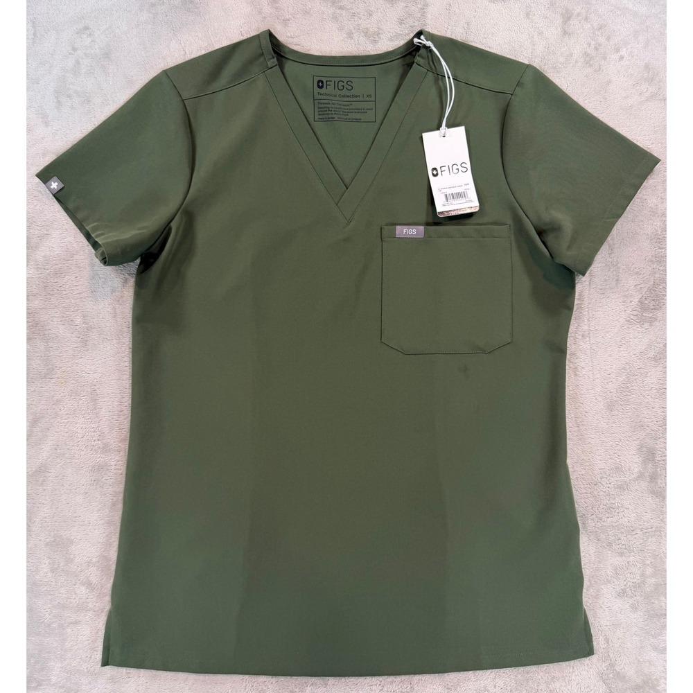 NWT FIGS Women Scrub Top Catarina One-Pocket V-Neck Olive Green XS